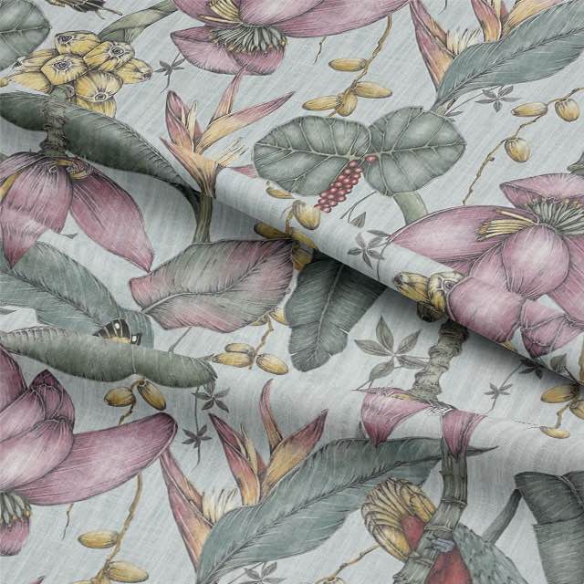 Luxurious Plumeria Upholstery Fabric with intricate peacock feather design