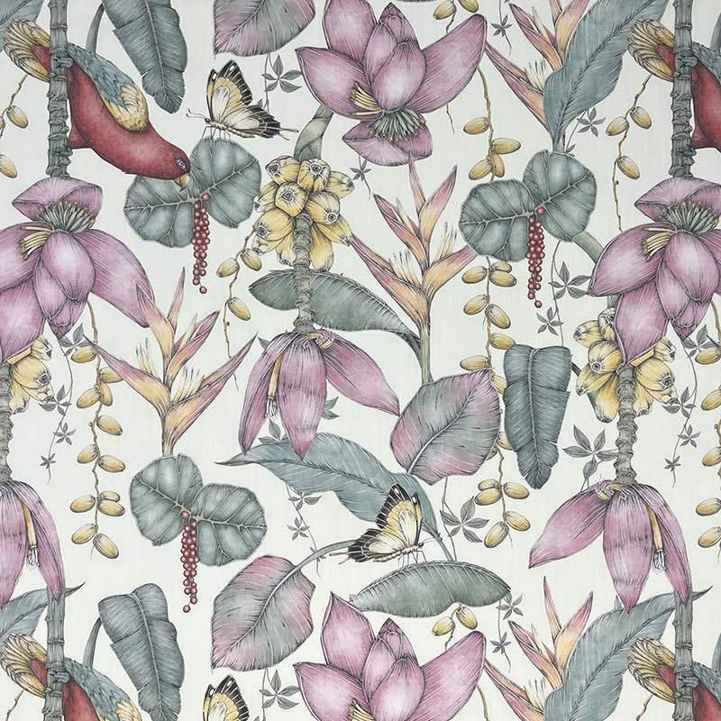 Plumeria Upholstery Fabric featuring a vintage-inspired botanical illustration in shades of blue and green