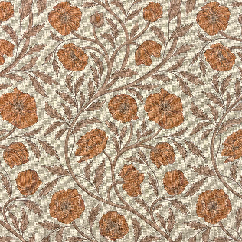 Poppy Rust Gold linen curtain fabric with golden ochre poppy flowers and softly textured woven detail