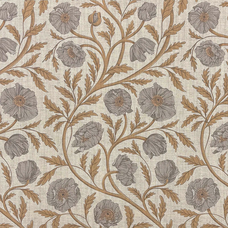Poppy Rust Grey floral curtain fabric with muted grey and rust-toned poppies on a linen blend weave