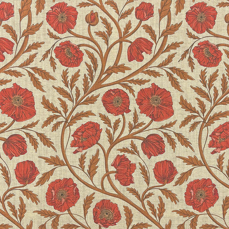 Poppy Rust Orange floral linen curtain fabric with warm terracotta poppy blooms on a textured natural ground