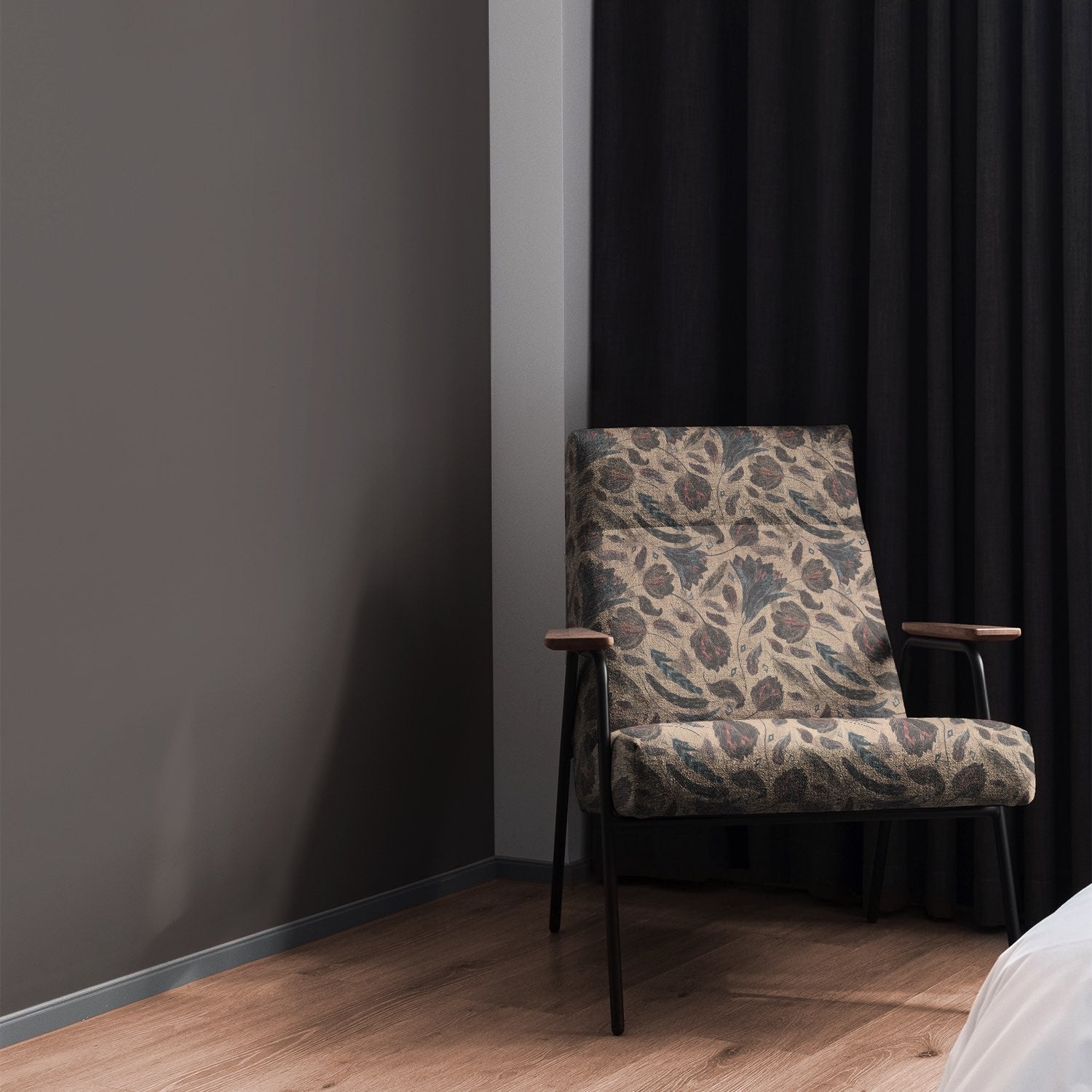 Chair upholstered in Porthgain Natural floral upholstery fabric in a classic style
