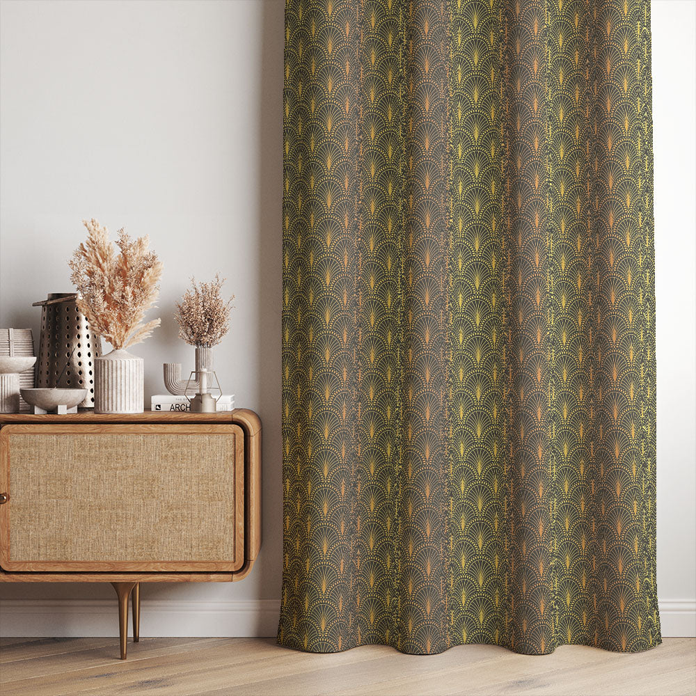Radiance Ebony Gold art deco linen curtain fabric made into dramatic patterned curtains