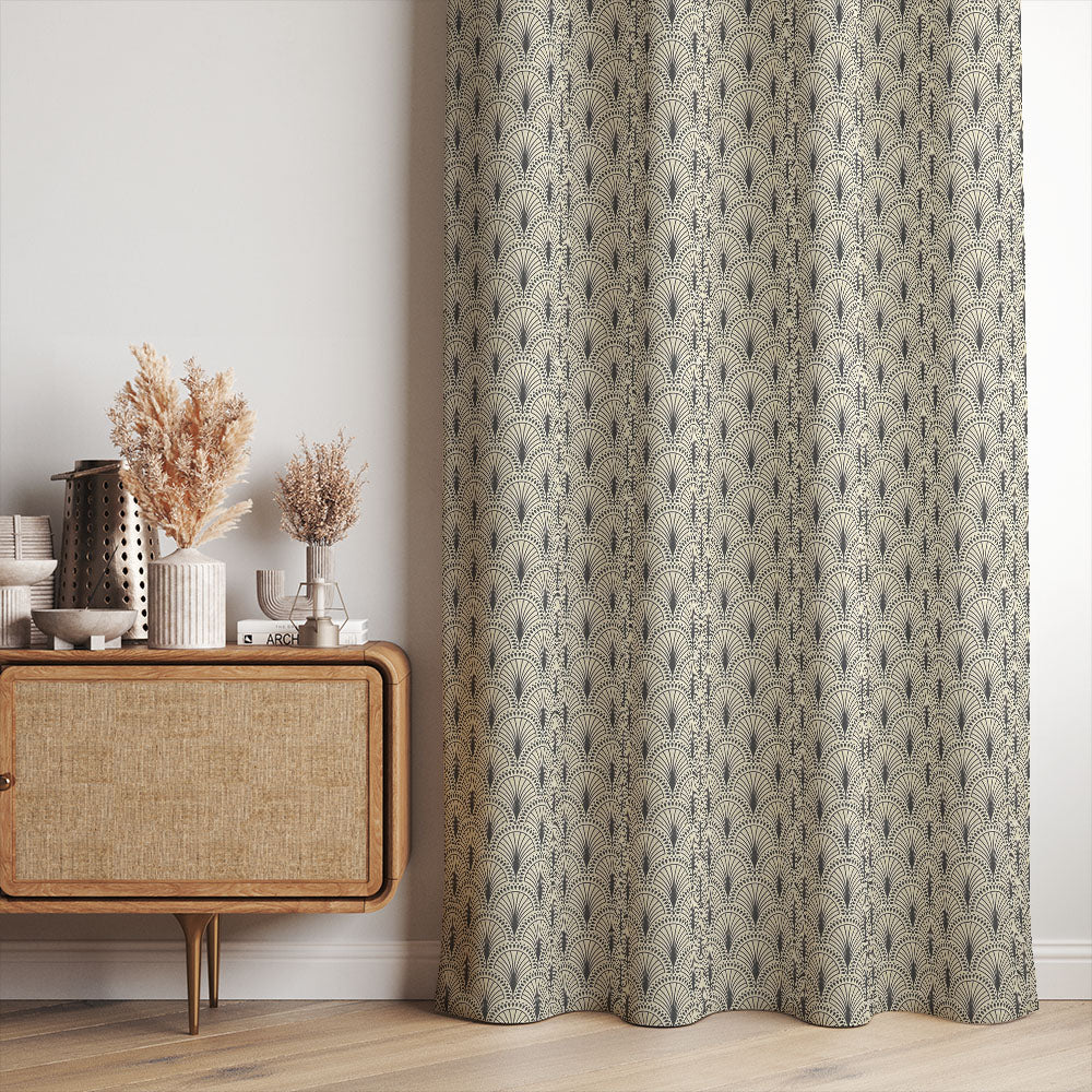 Radiance Noir geometric linen curtain fabric styled as statement curtains
