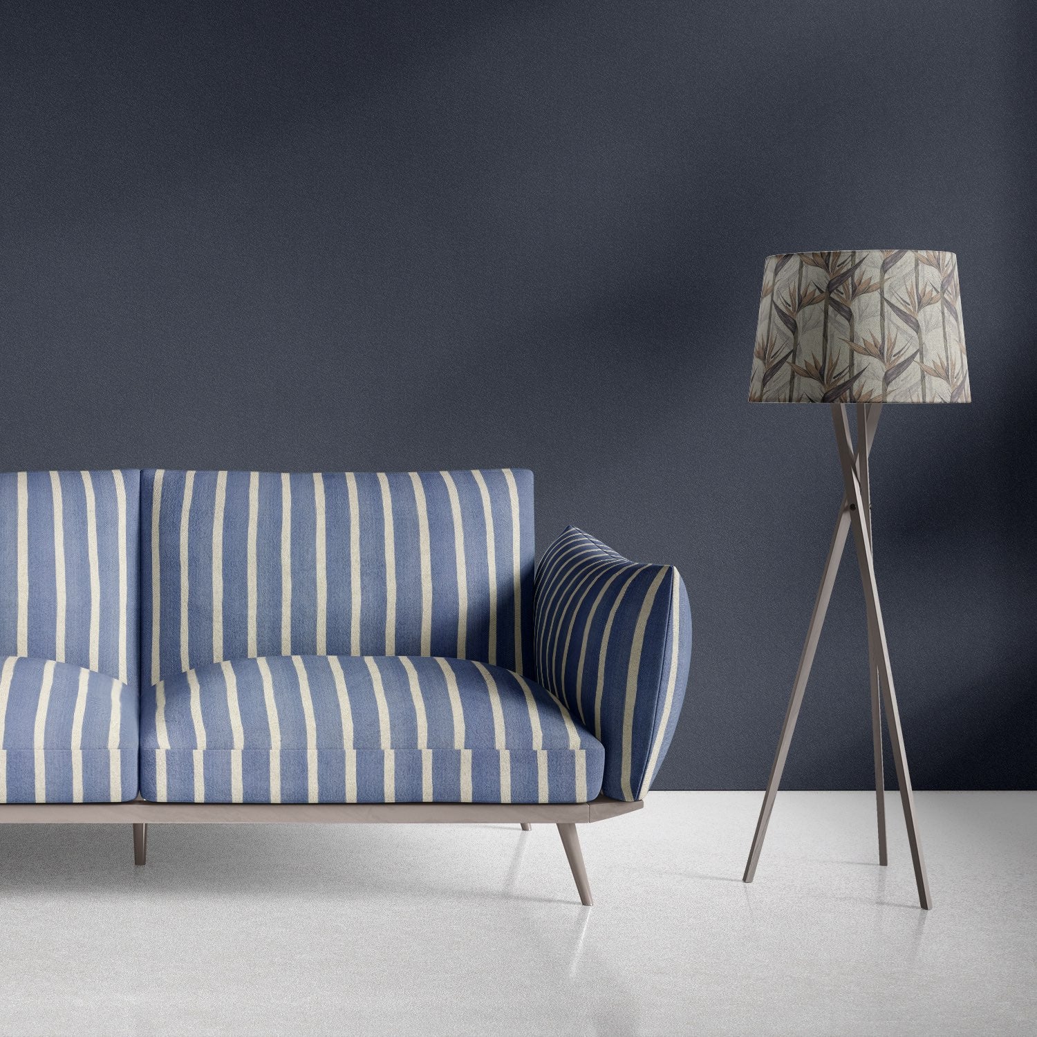 Blue striped upholstery fabric on modern sofa with cream vertical lines