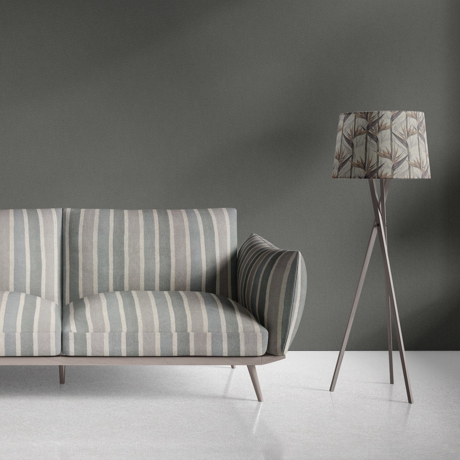 Sage green striped upholstery fabric used on contemporary sofa