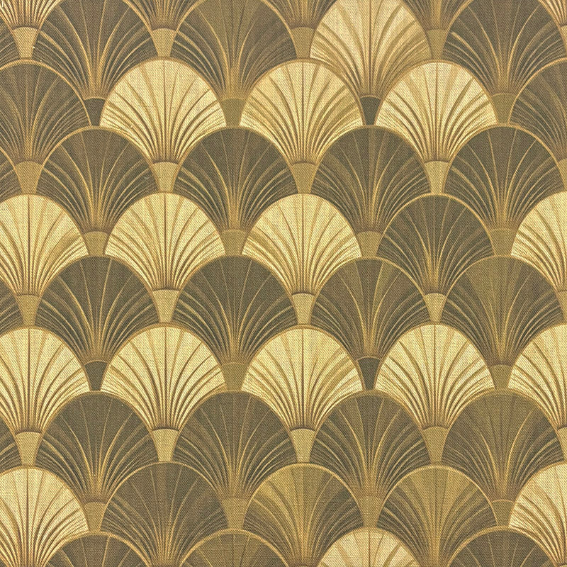 Art Deco curtain fabric in gold fan design on linen background