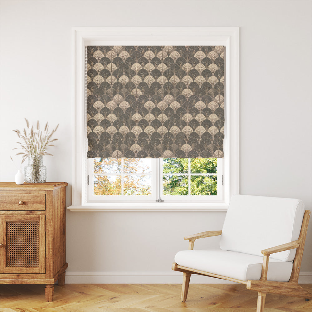 Linen curtain fabric with Art Deco fan design in stone shade