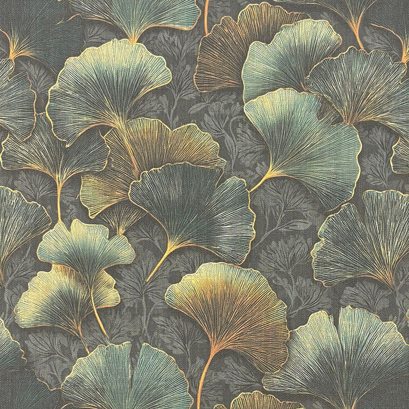 flat image showing green and black ginkgo leaf upholstery fabric