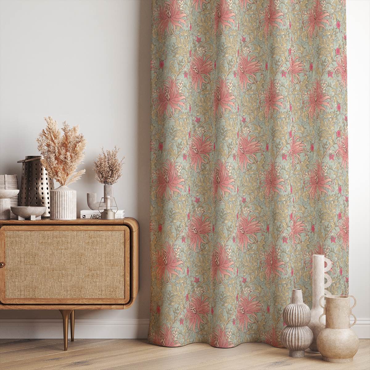 High-quality Reuben Floral Upholstery Fabric featuring delicate rose and vine motifs
