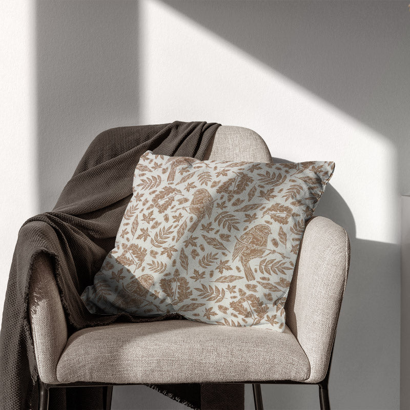 Robin linen curtain fabric cushion showing country woodland bird print on pale linen