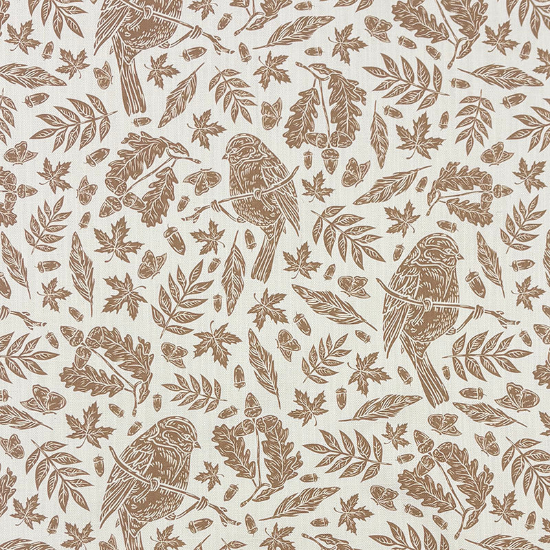 Robin bird linen curtain fabric flat image with acorns woodland leaves and natural brown print