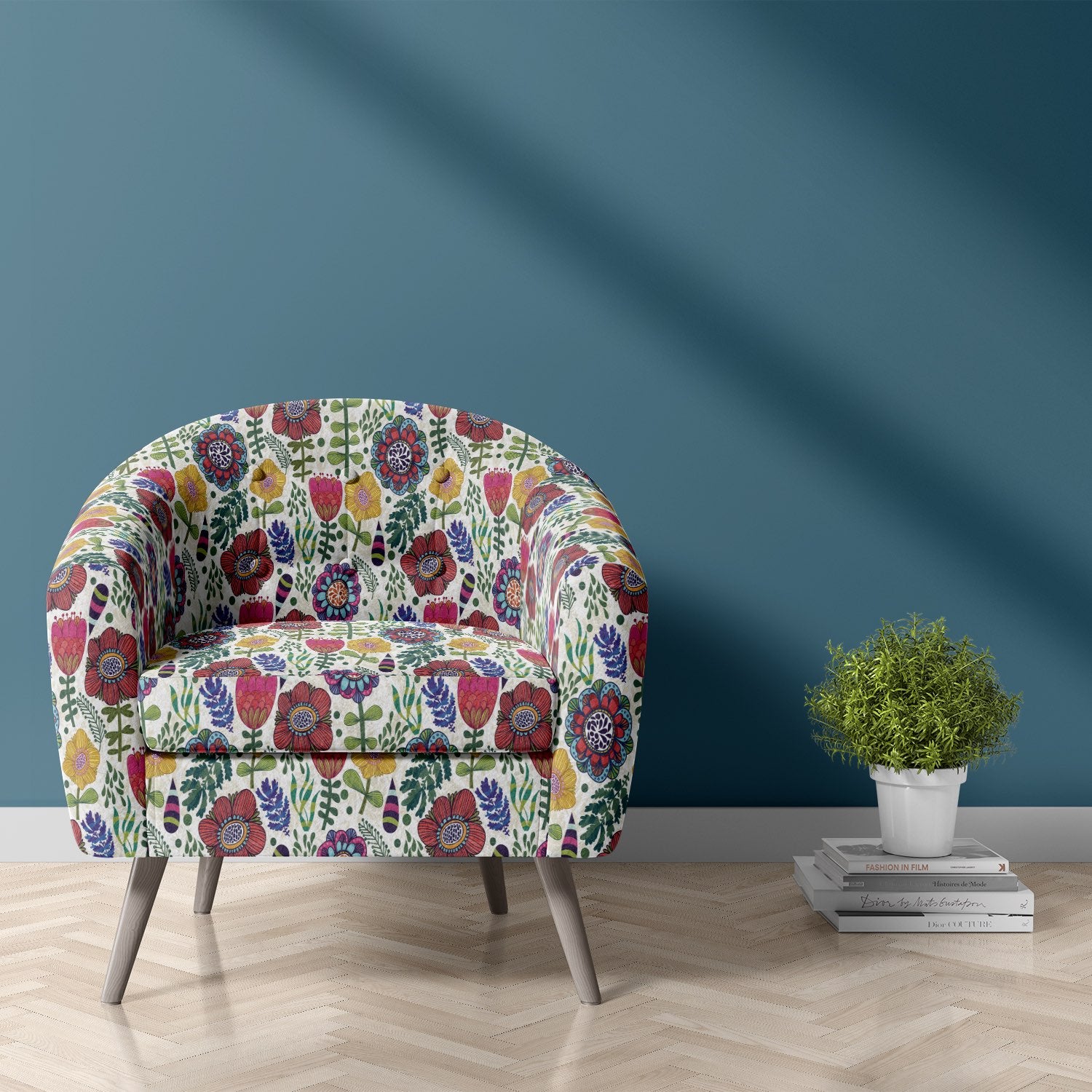 Armchair upholstered in Rosemaling velvet fabric in multicoloured Scandinavian floral design