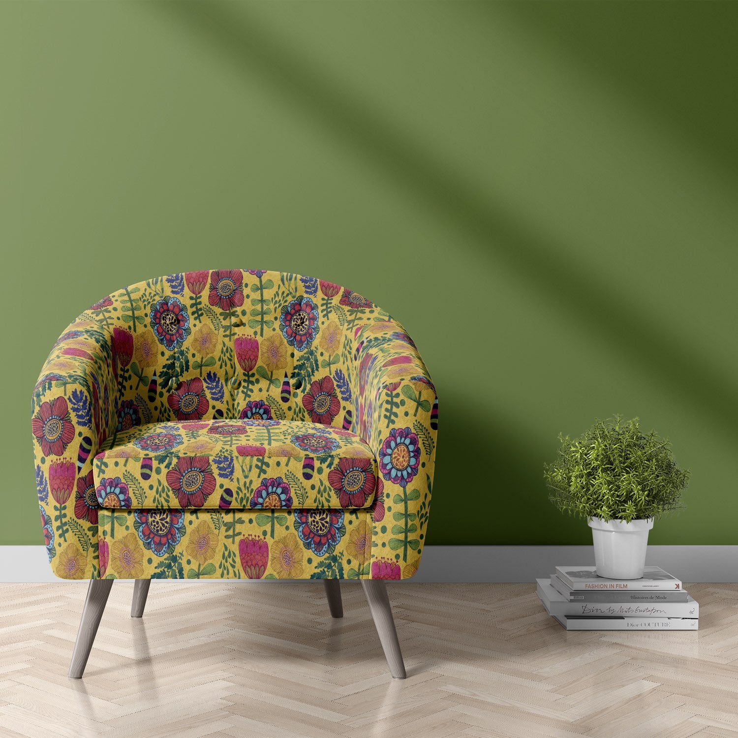 Accent chair covered in ochre Rosemaling velvet fabric with bold multicoloured floral design