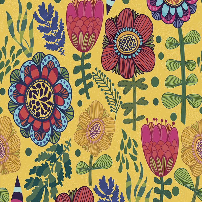 Flat image of Rosemaling velvet fabric in ochre with vibrant red, yellow and blue floral motifs