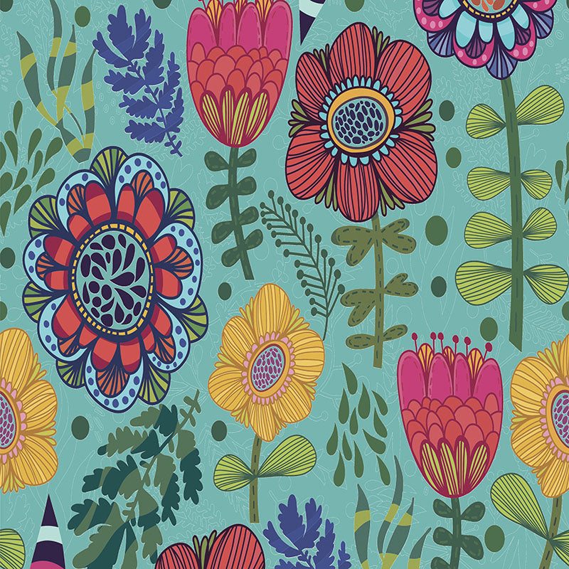 Close-up flat swatch of teal Rosemaling velvet fabric with detailed multicoloured floral print