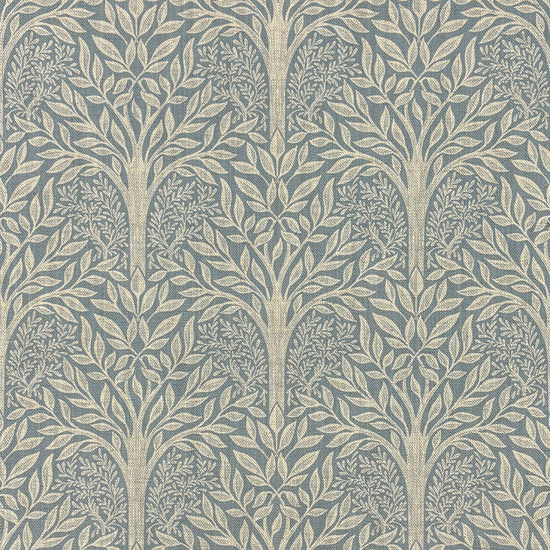 Rowan Leaf Blue Arts and Crafts curtain fabric with dusty blue leafy trees on natural linen blend