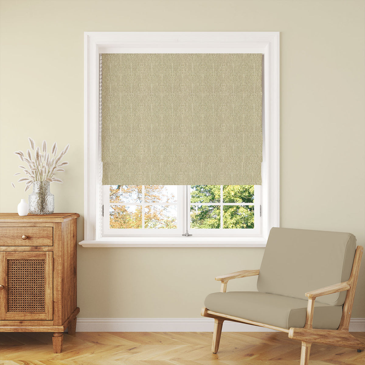 Rowan Leaf Celery linen Roman blind with a light green tree repeat for fresh country schemes