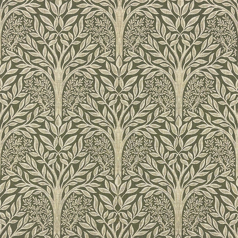 Rowan Leaf Olive botanical linen curtain fabric featuring muted green trees on a natural woven ground