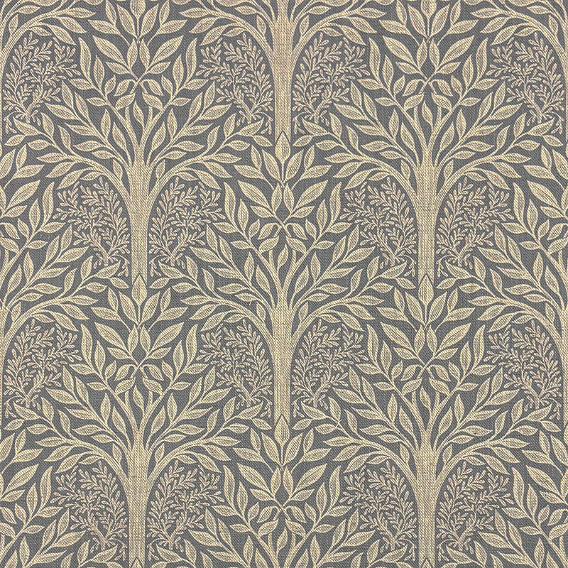 Rowan Leaf Slate William Morris inspired linen fabric with grey leafy tree silhouettes