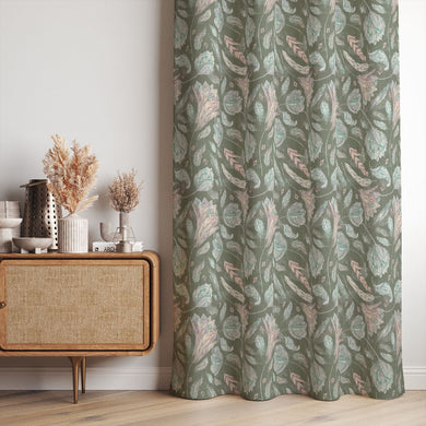 Roxton Green Curtain Fabric – curtain panel with botanical floral print in soft green