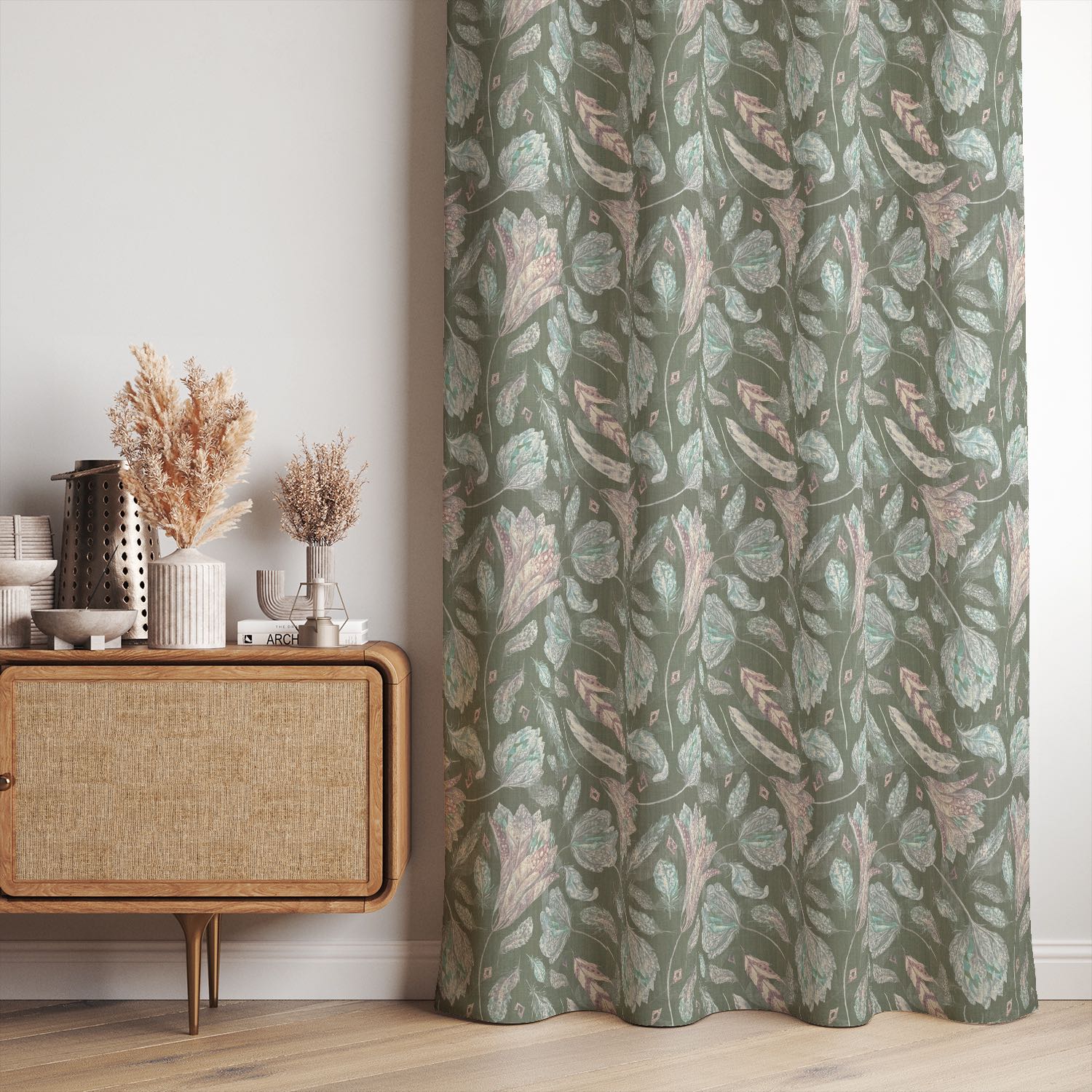 Roxton Green Curtain Fabric – curtain panel with botanical floral print in soft green