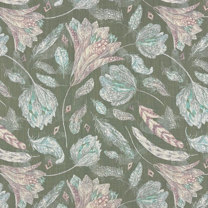 Roxton Green Flat Fabric – close-up of leaf and flower design in green tones