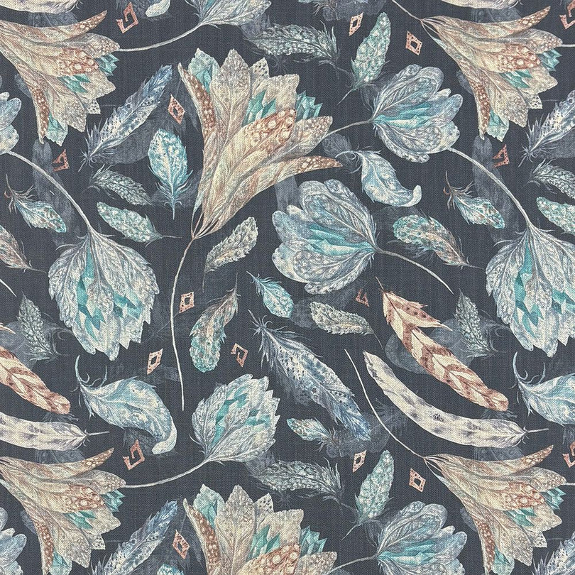 Roxton Navy Flat Fabric – close-up of navy linen with botanical floral detailing