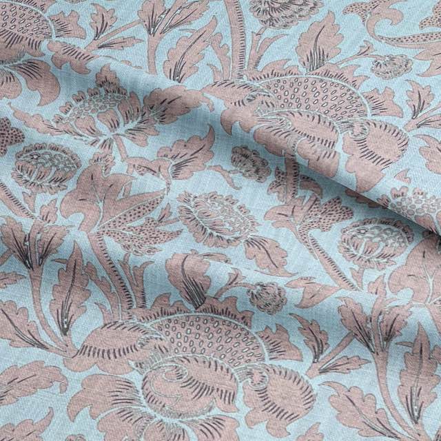 Antique Ruskin Curtain Fabric in a weathered copper with ornate baroque motifs