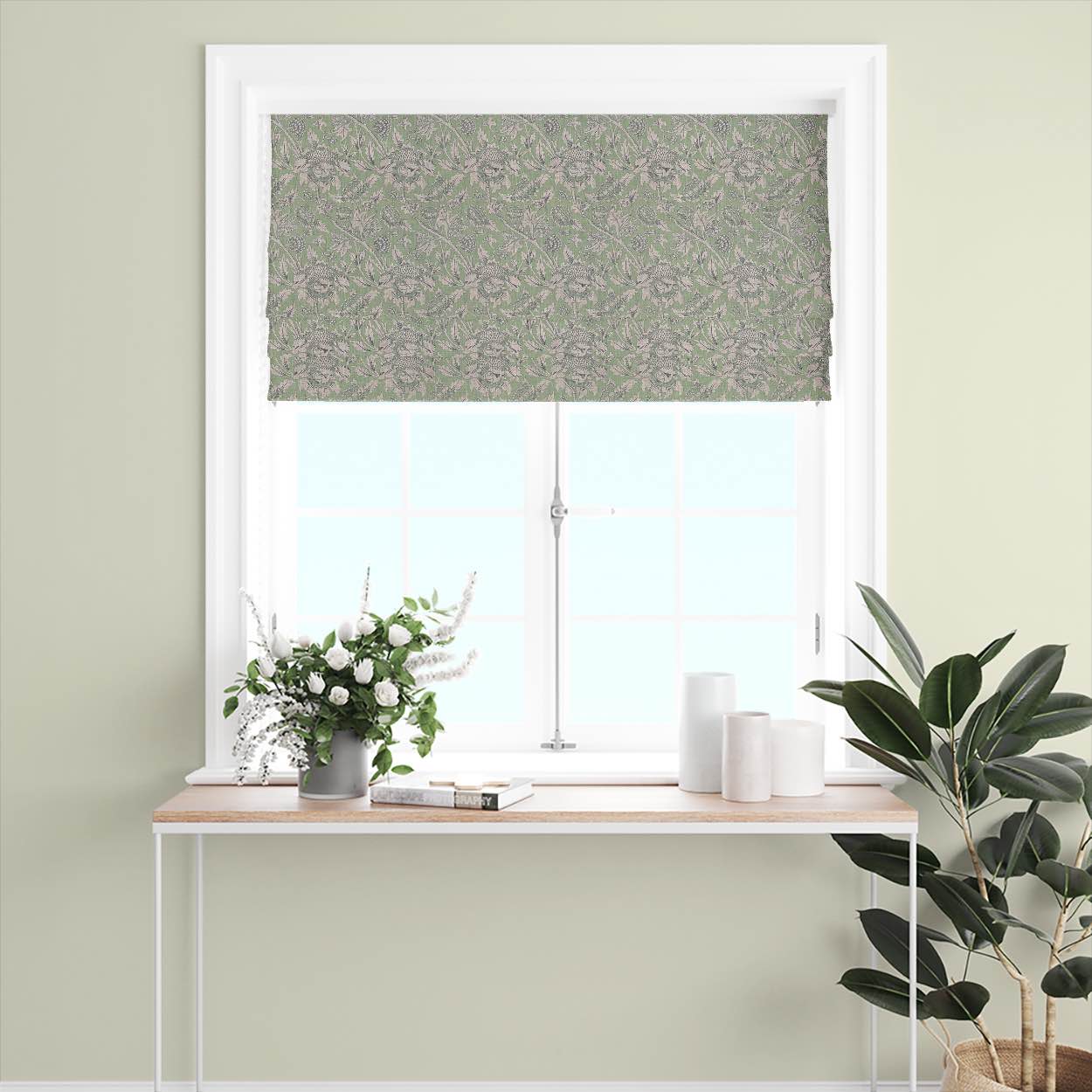 Relaxing Ruskin Curtain Fabric in a calming lavender with soothing botanical print