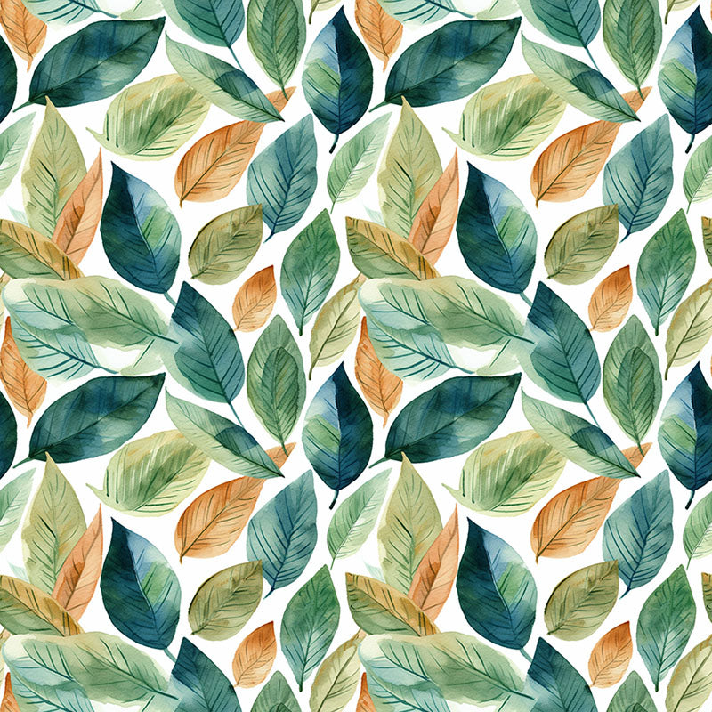 Salcey leaf curtain fabric with green, blue and warm ochre painted foliage on white