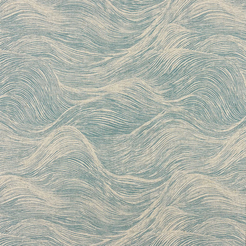 Blue wave style upholstery fabric flat image showing textured seaside-inspired design