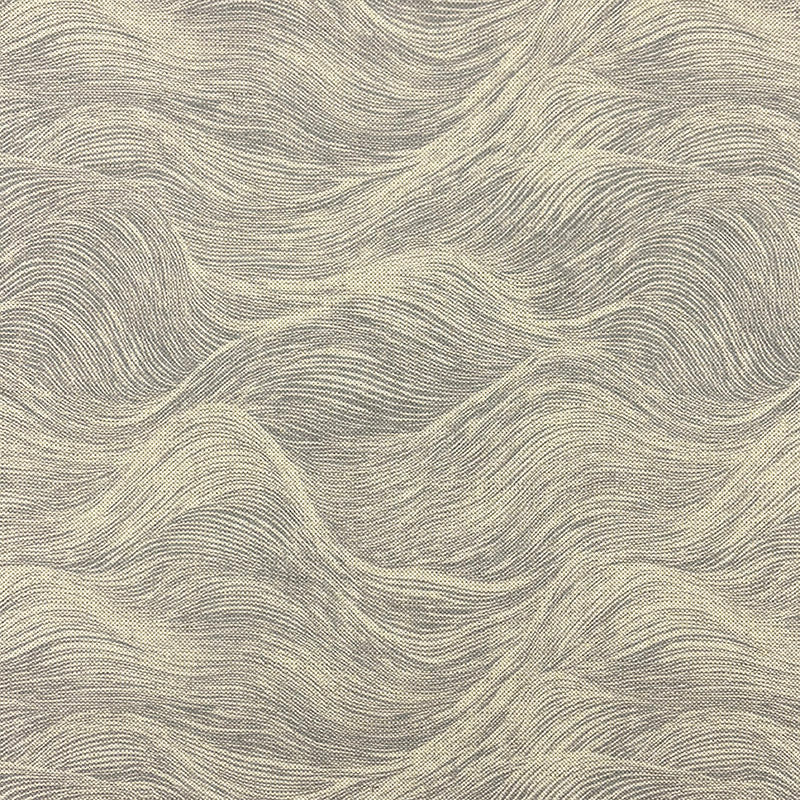 Grey wave style upholstery fabric flat lay with organic flowing pattern detail