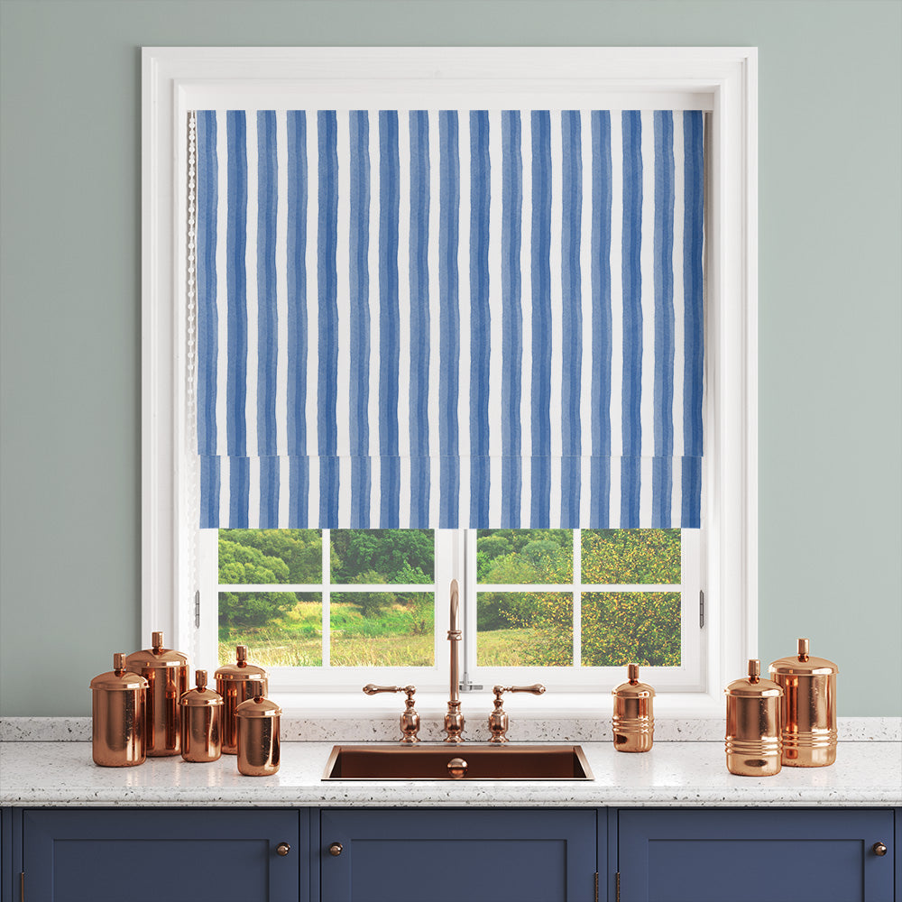 Salem Stripe Blue fabric shown as a Roman blind for a calm blue and white window scheme