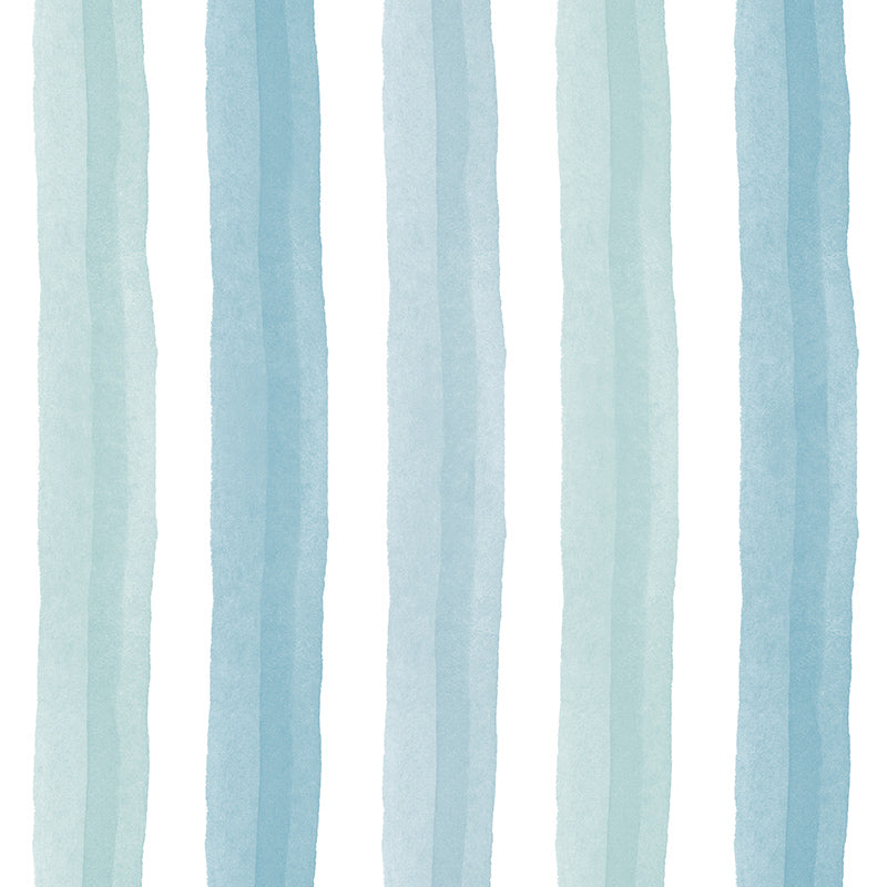 Salem Stripe Sky washable curtain fabric with pale blue vertical bands and a hand-painted finish
