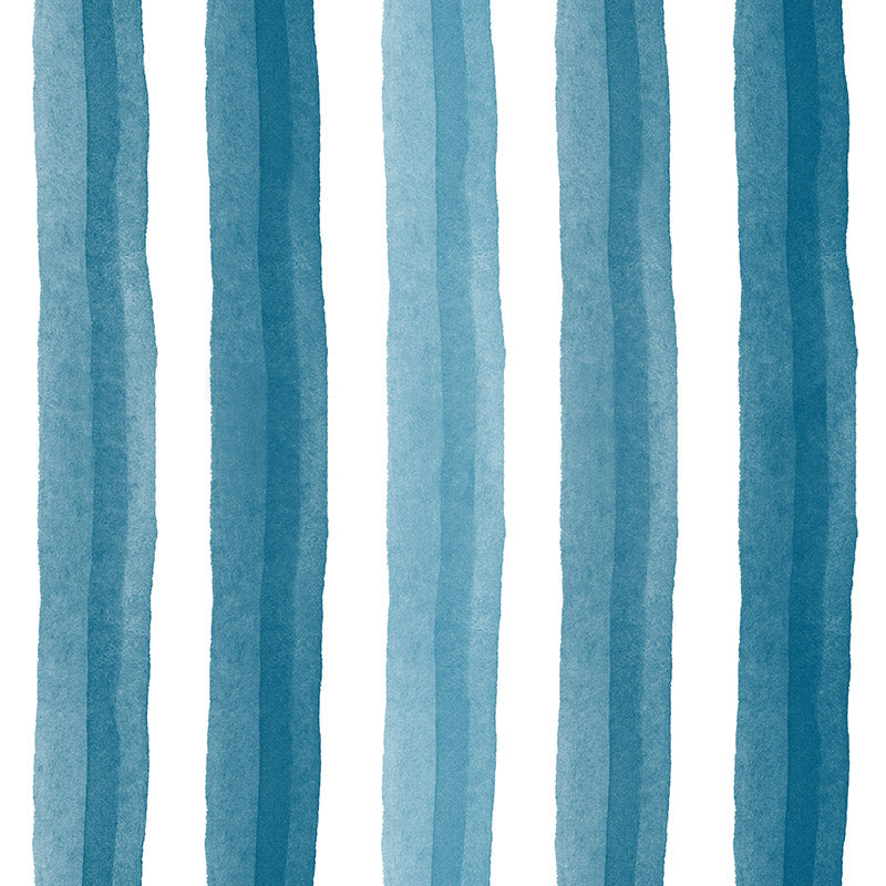 Salem Stripe Teal curtain fabric with deep blue-green watercolour stripes on a clean white ground
