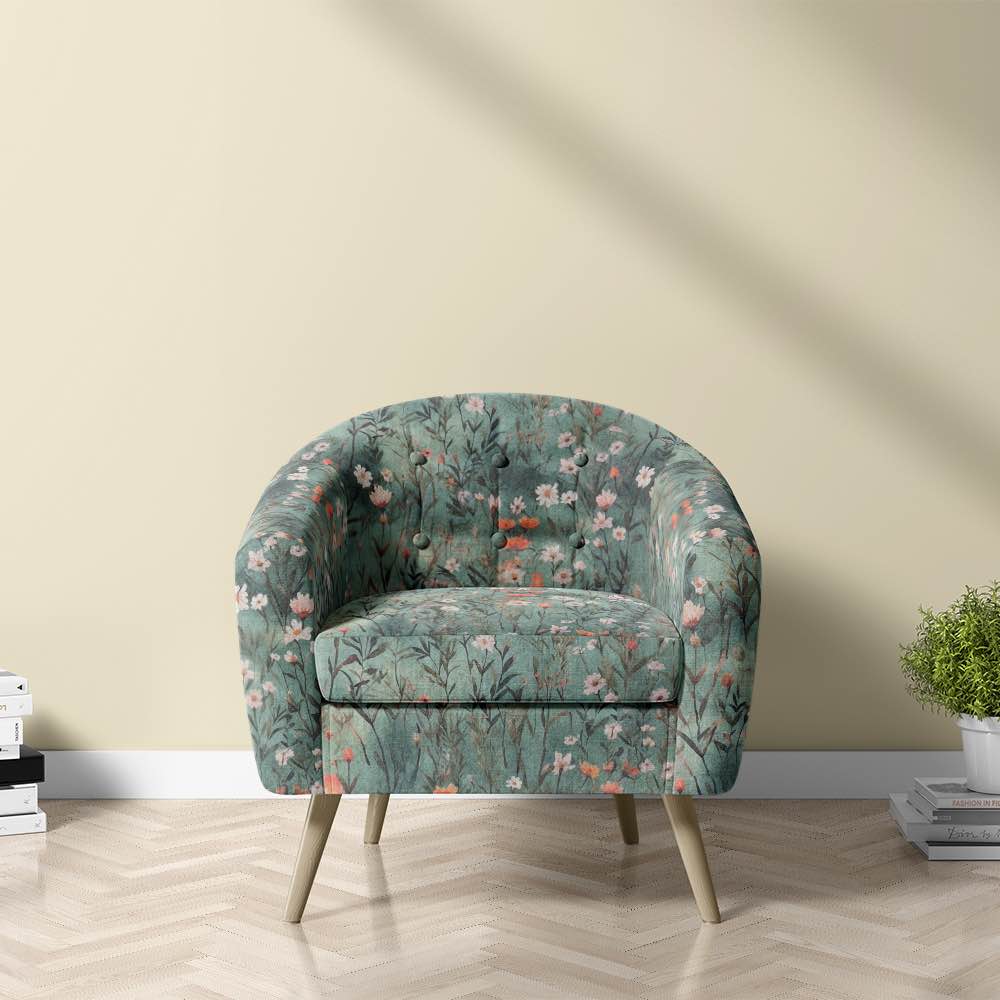 Savanna Emerald Velvet Fabric – emerald green velvet floral fabric on chair for upholstery