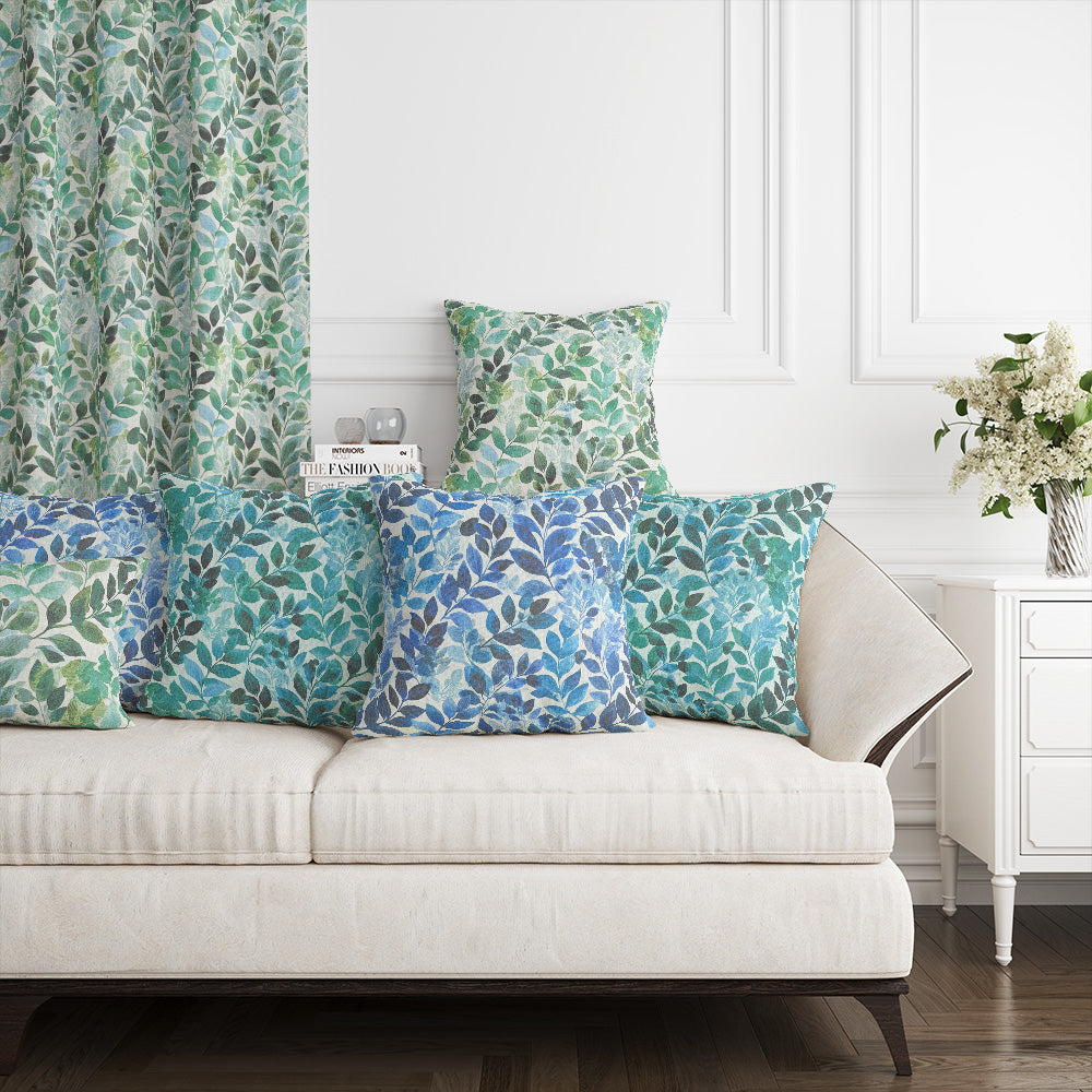 Savannah Leaf Linen Curtain Fabric – Room set showing all colourways as cushions and curtain