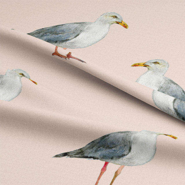 Close up of Seagulls Cotton Curtain Fabric in Taupe color