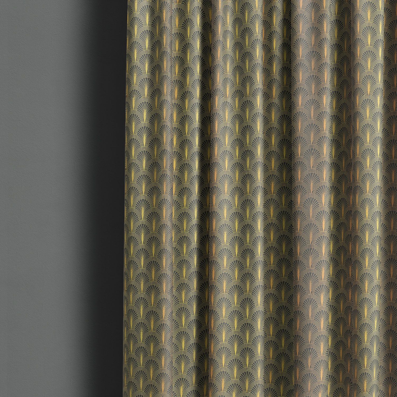 Shellwick Ebony Gold art deco linen curtain fabric made into statement curtain panels
