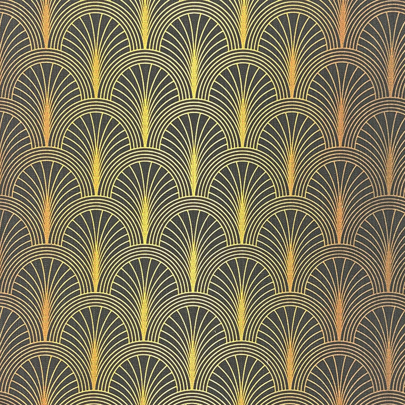 Shellwick Ebony Gold art deco linen curtain fabric flat image with luxury fan motif