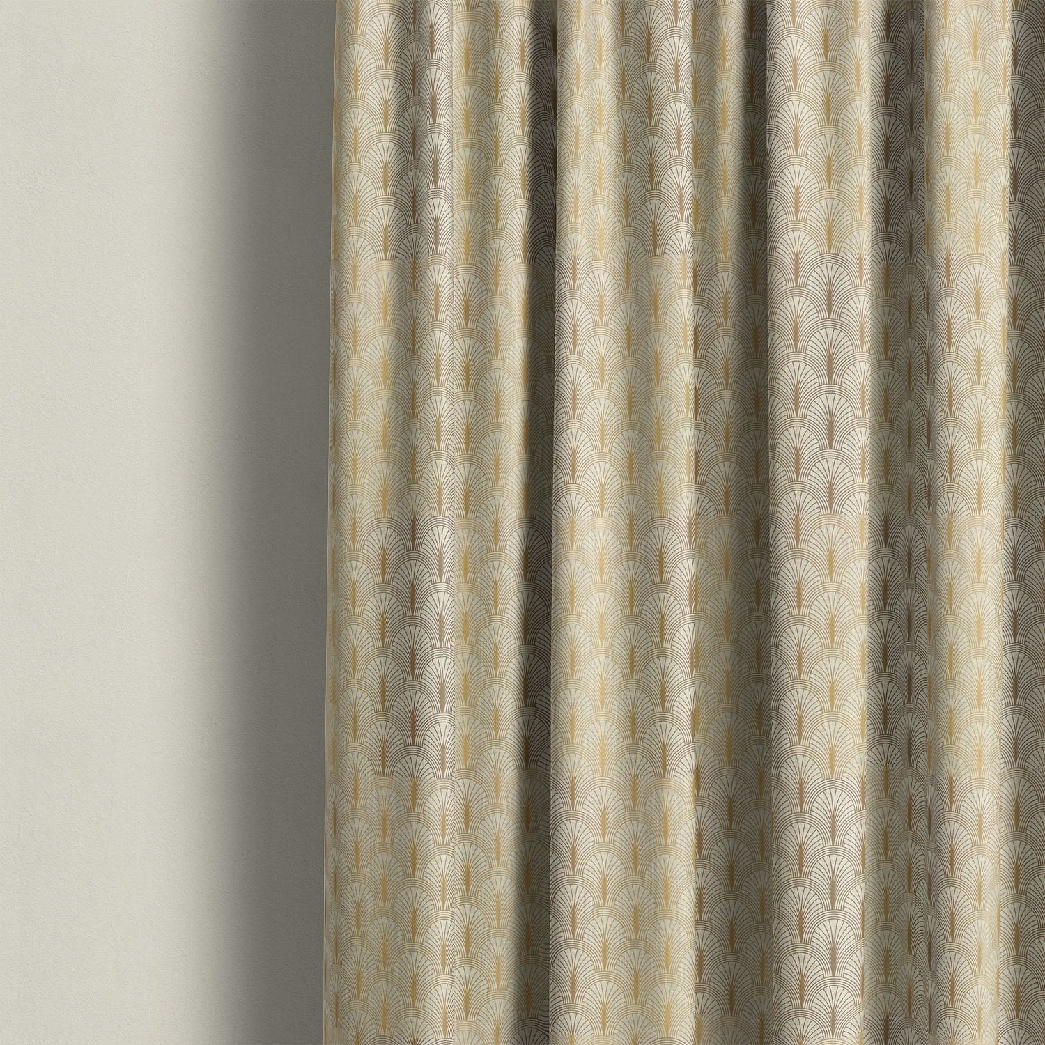 Shellwick Golden art deco linen curtain fabric shown as warm patterned curtains