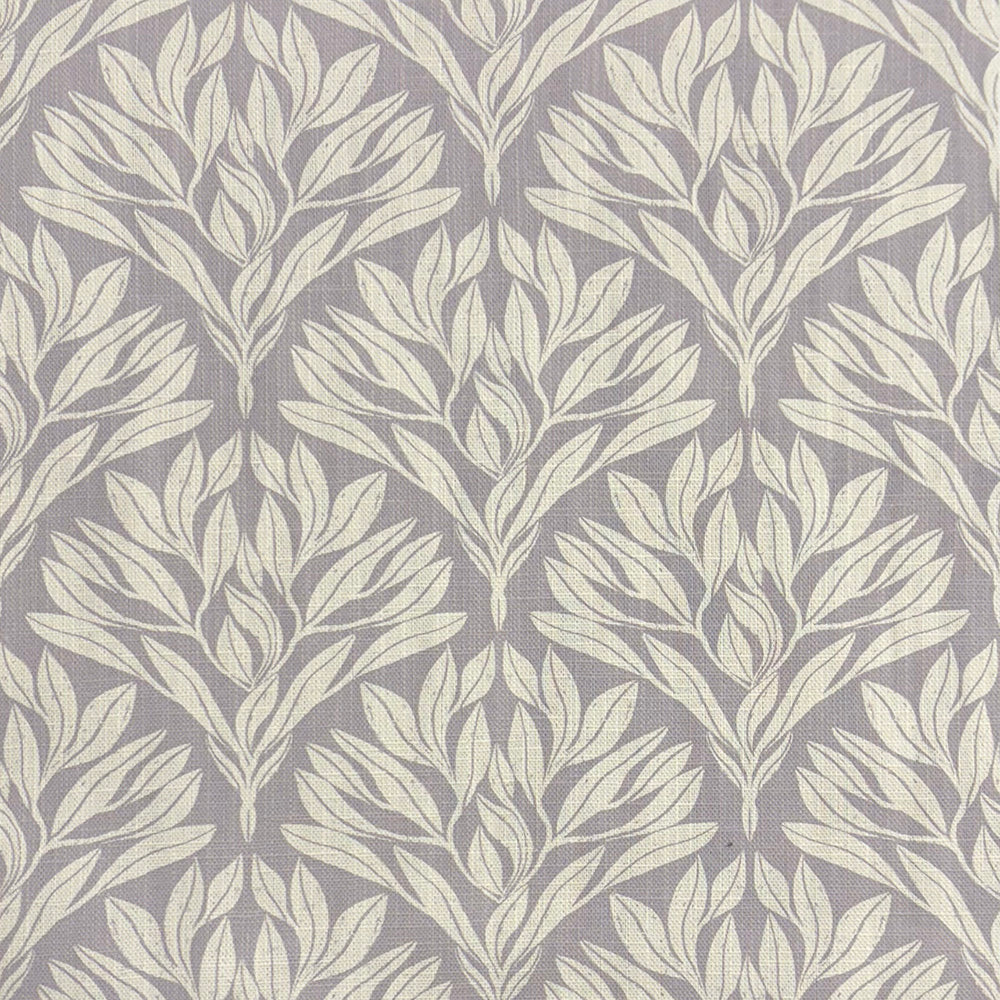 Sherwood Leaf Dove Grey velvet upholstery fabric with soft grey leaf print on a plush basecloth