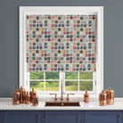 Edgy multicoloured curtain fabric blind featuring a modern square design.