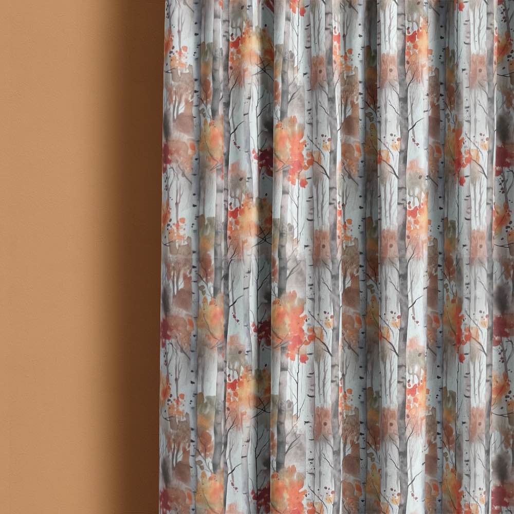 Silver Birch Flame - Autumnal Tree Printed Linen Curtain Fabric