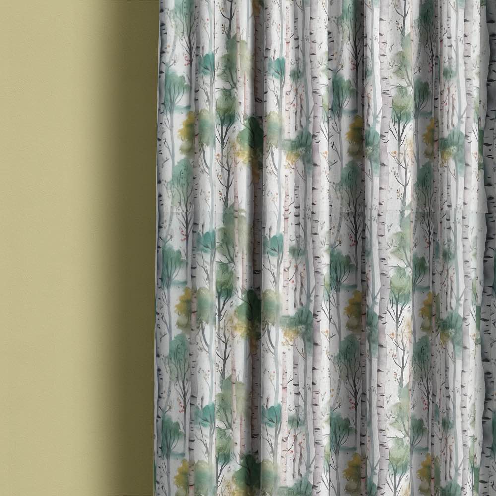 Silver Birch Green - Autumnal Tree Printed Linen Curtain Fabric