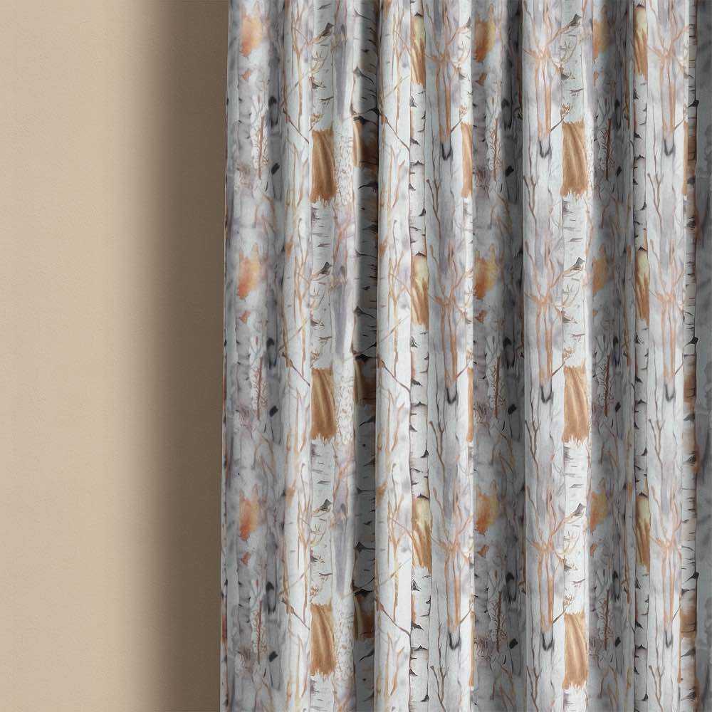 Silver Birch Straw - Autumnal Tree Printed Cotton Curtain Fabric