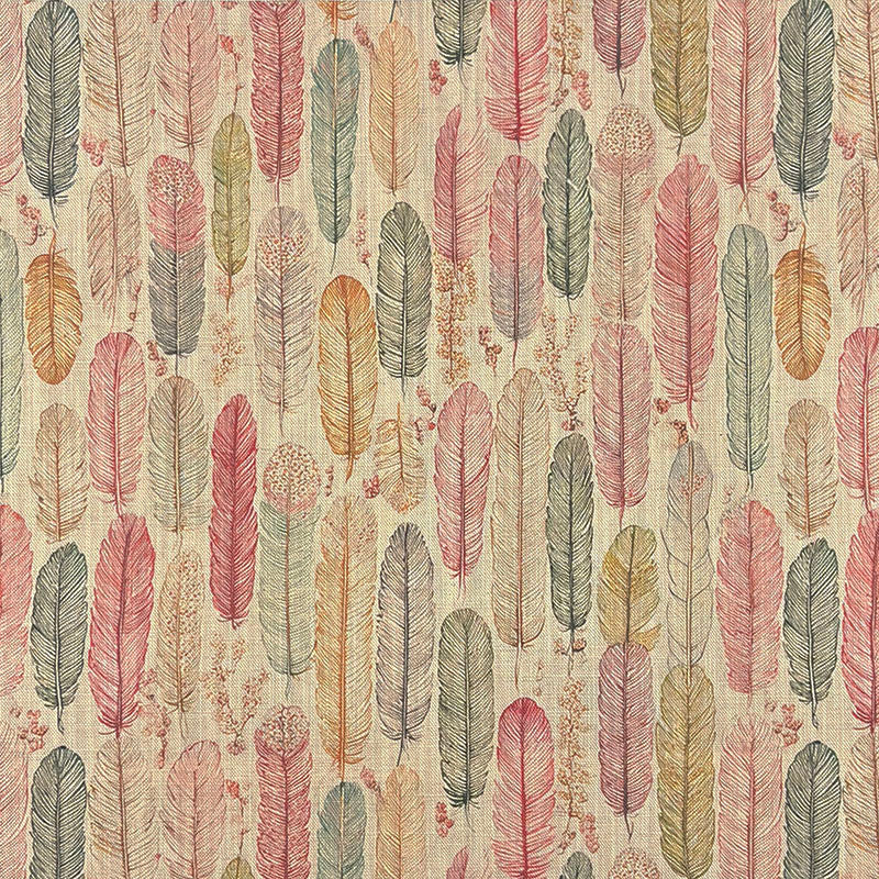 Sketched feather multicoloured fabric design in coral, green, ochre, and pink on linen base