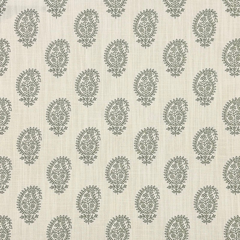 Buta Paisley green linen curtain fabric in fennel with a detailed small buta print