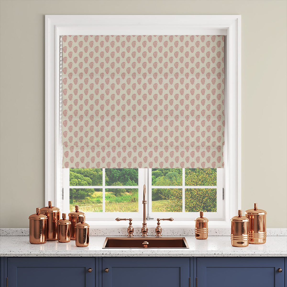 Henna red paisley curtain fabric displayed as a coordinating window blind